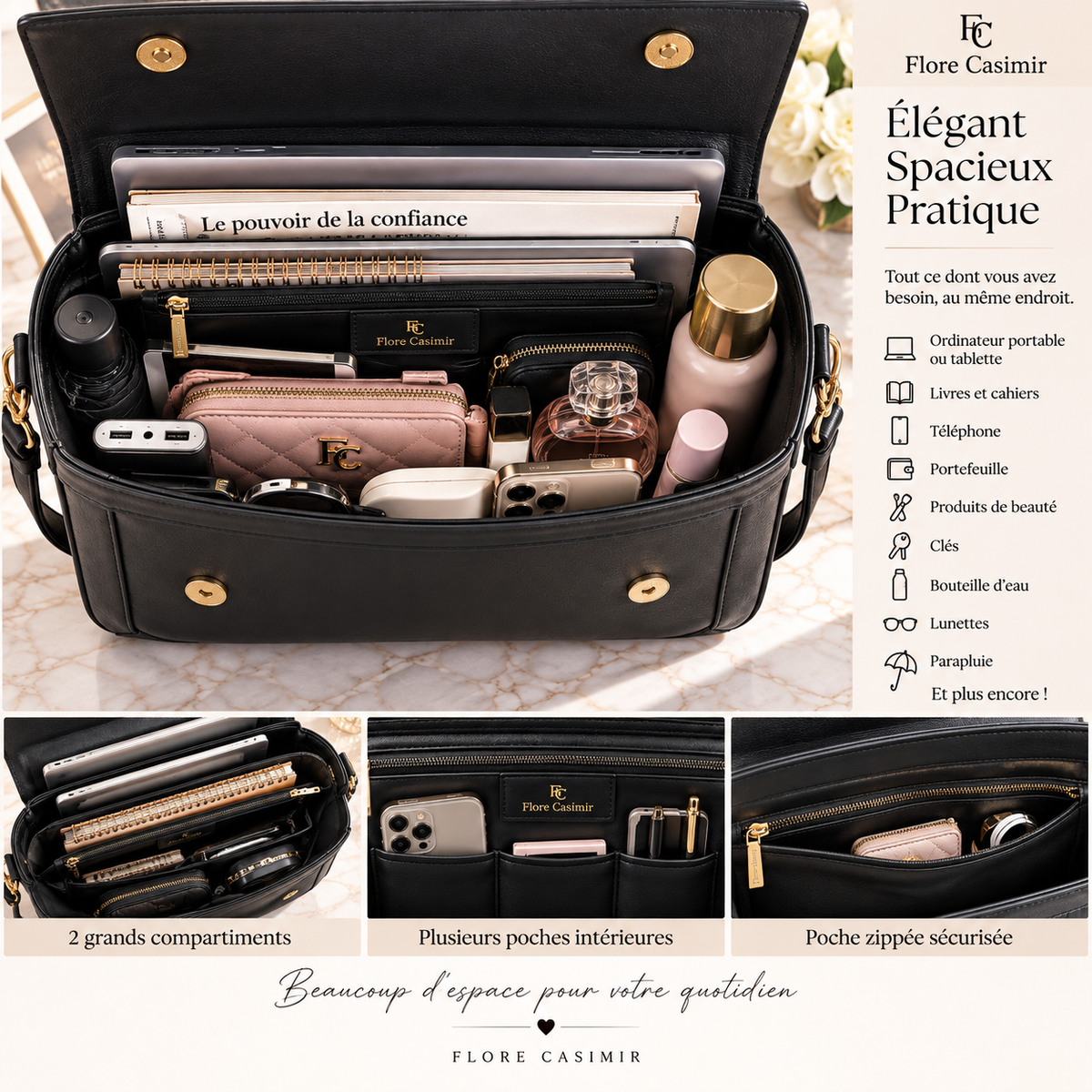 Sac à main FLORE CASIMIR cuir de veau Satiné 100% cuir